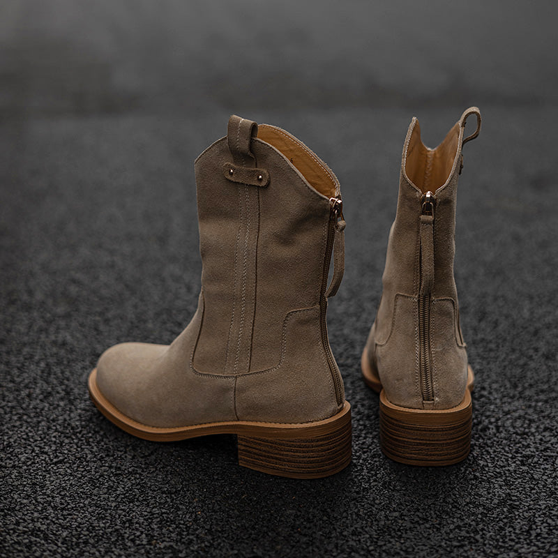 Women's Handmade Cow Suede Block Heel Low Western Boots