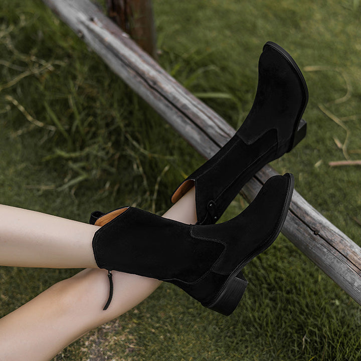Women's Handmade Cow Suede Block Heel Low Western Boots