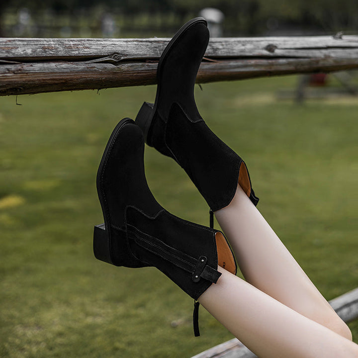 Women's Handmade Cow Suede Block Heel Low Western Boots
