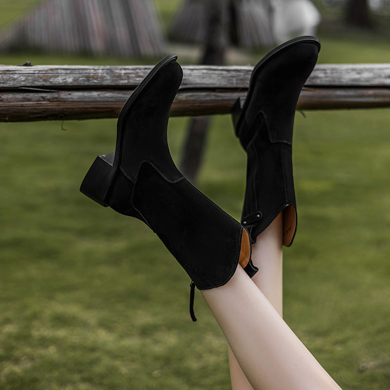 Women's Handmade Cow Suede Block Heel Low Western Boots