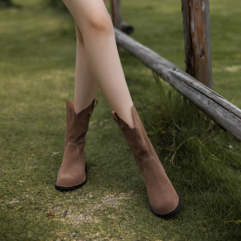 Women's Handmade Cow Suede Block Heel Low Western Boots