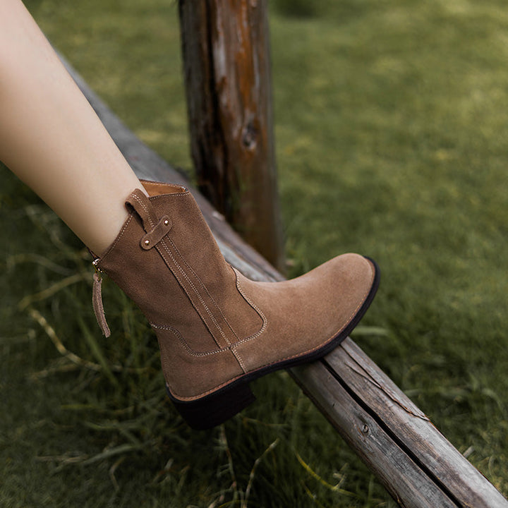 Women's Handmade Cow Suede Block Heel Low Western Boots