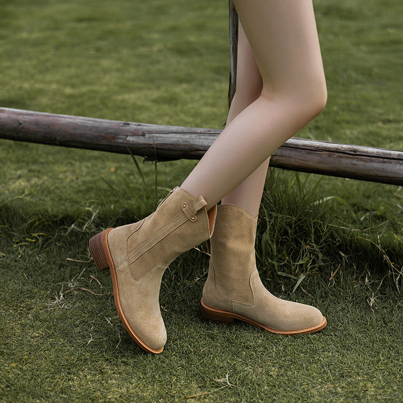 Women's Handmade Cow Suede Block Heel Low Western Boots