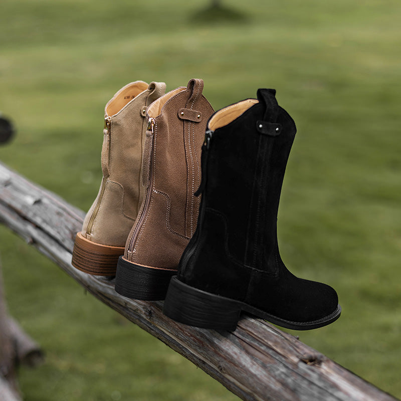 Women's Handmade Cow Suede Block Heel Low Western Boots