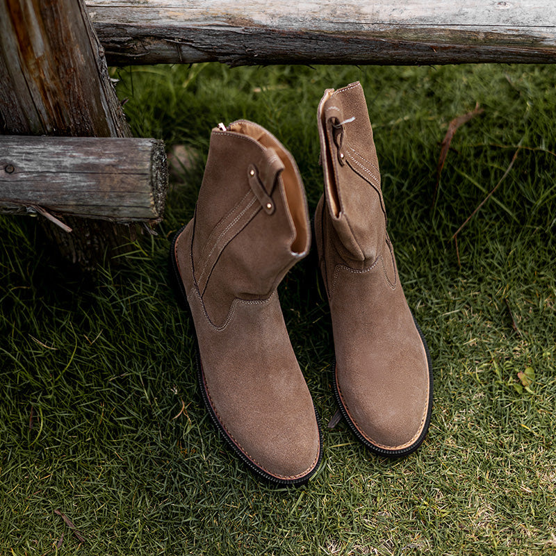Women's Handmade Cow Suede Block Heel Low Western Boots