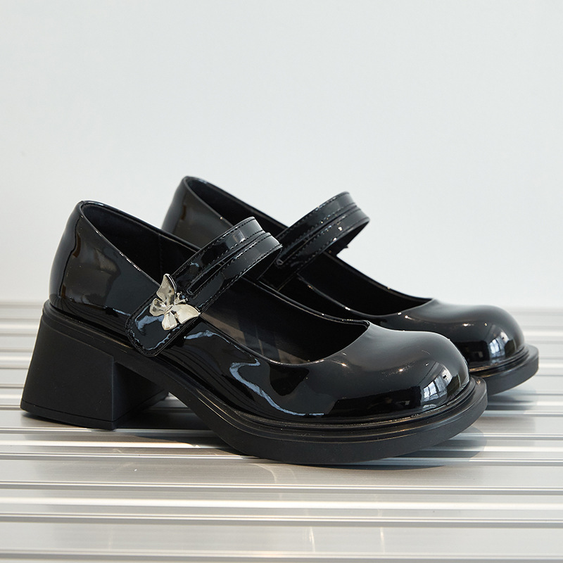 Patent Leather Mary Jane Heels Butterfly Metal Buckle Embellishment