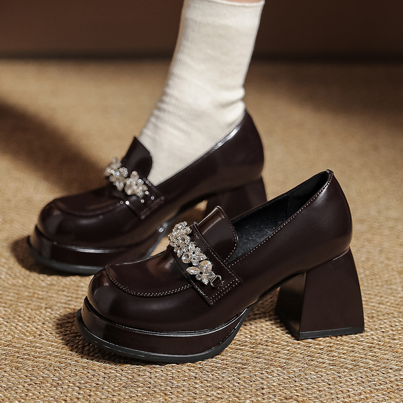 Womens Rhinestone Platform Chunky Heel Loafers