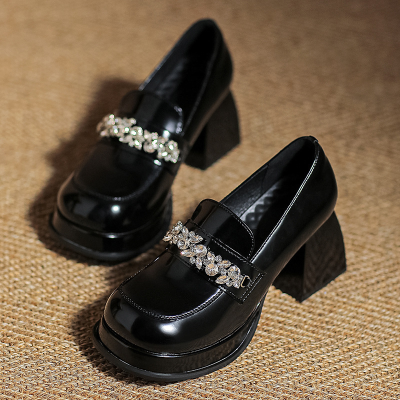 Womens Rhinestone Platform Chunky Heel Loafers