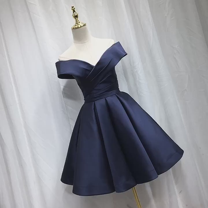 Navy Homecoming Dress Off Shoulder Satin Dark Blue Short Prom Dress