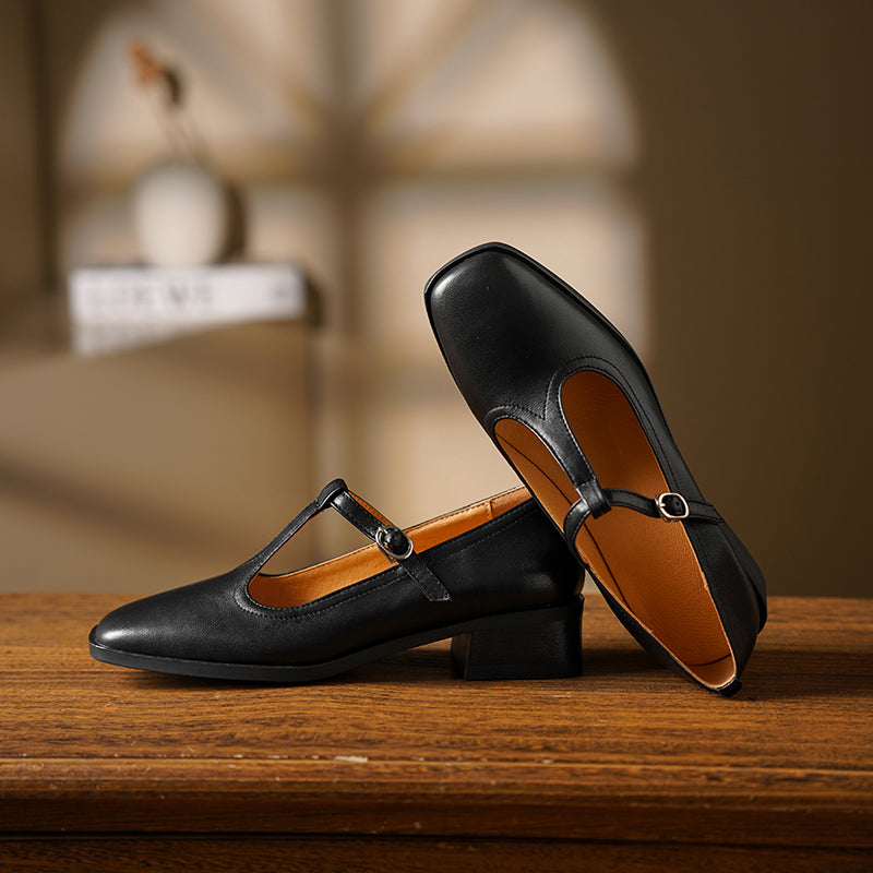 Womens Handmade Sheepskin Leather Square-Toe T-Strap Mary Jane Shoes