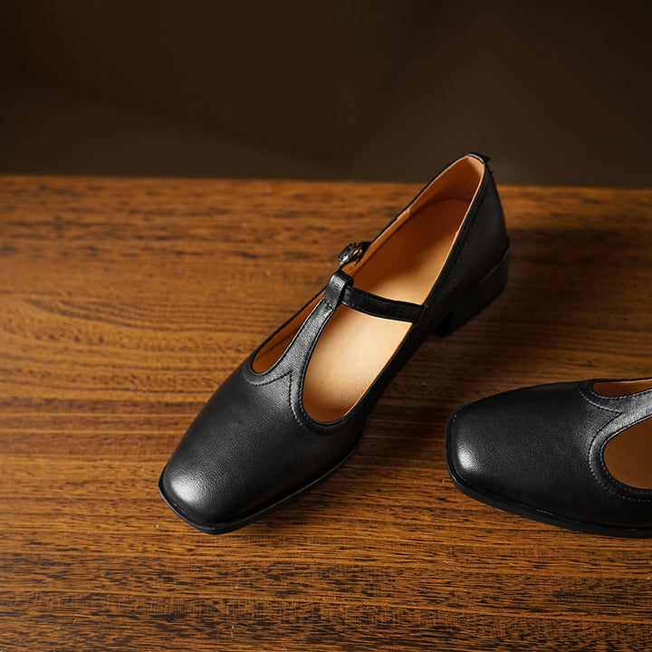 Womens Handmade Sheepskin Leather Square-Toe T-Strap Mary Jane Shoes