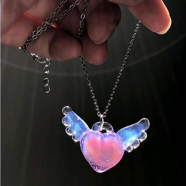 Pretty Pink Angel Heart with Wings Necklace Glass Gift