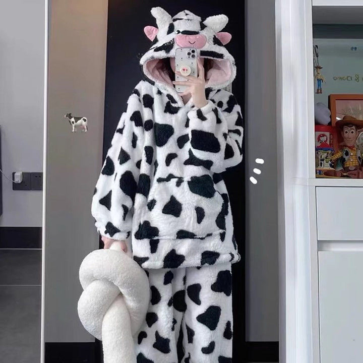 Cute Cow Print Winter Fleece Pajamas Loungewear Set