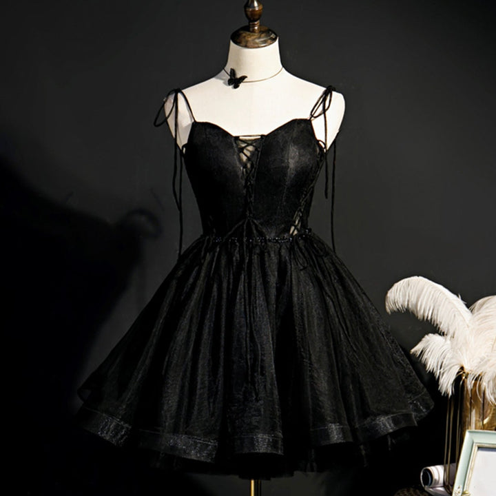 Homecoming Cocktail Gown Black Tulle Short Prom Dress Strap Party Dress