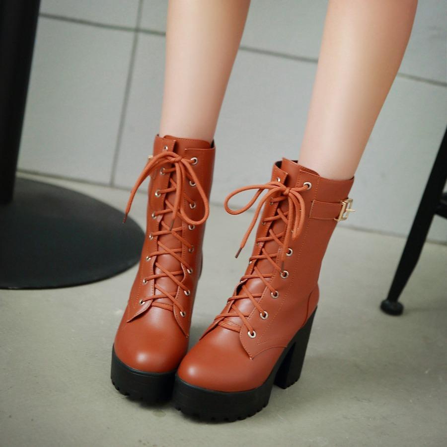 Women Platform Chunky High Heel PU Martin Boots