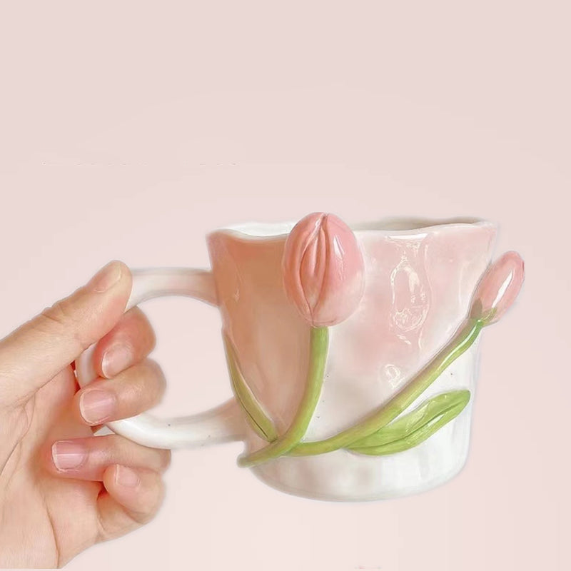 Elegant Handmade 3D Embossed Hand Painted Floral Mugs Gift