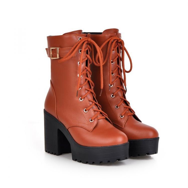 Women Platform Chunky High Heel PU Martin Boots