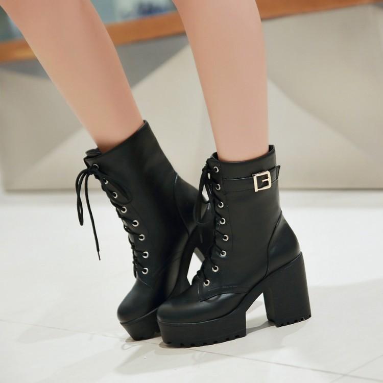 Women Platform Chunky High Heel PU Martin Boots