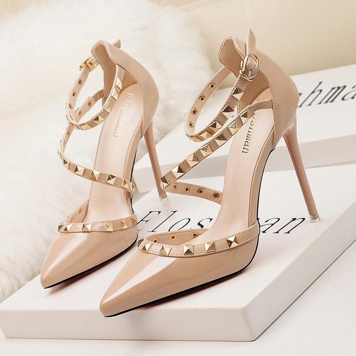 Womens Pointed Toe Strappy Studded Heels