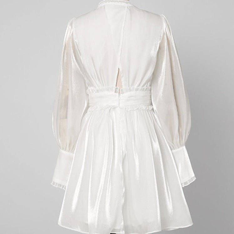 White V-neck Lantern Sleeve High Waist A-line Dress