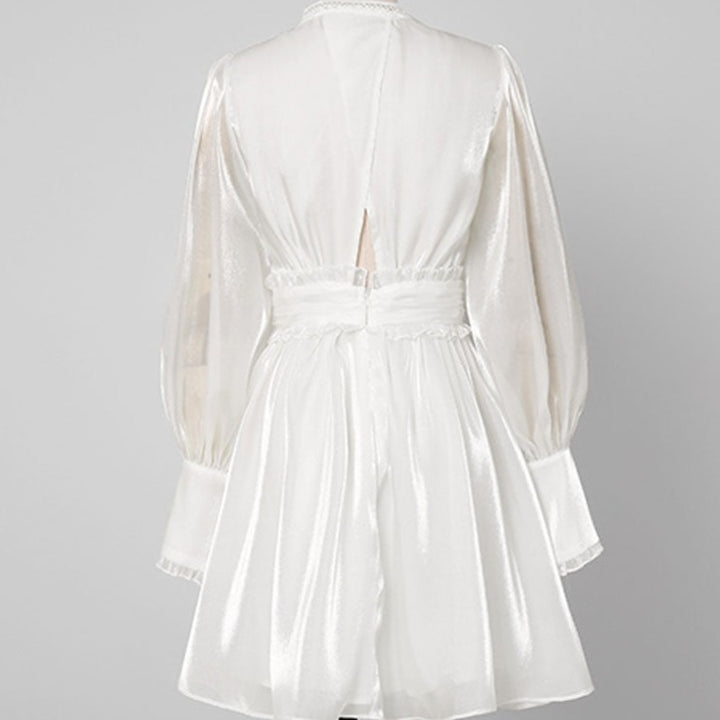 White V-neck Lantern Sleeve High Waist A-line Dress