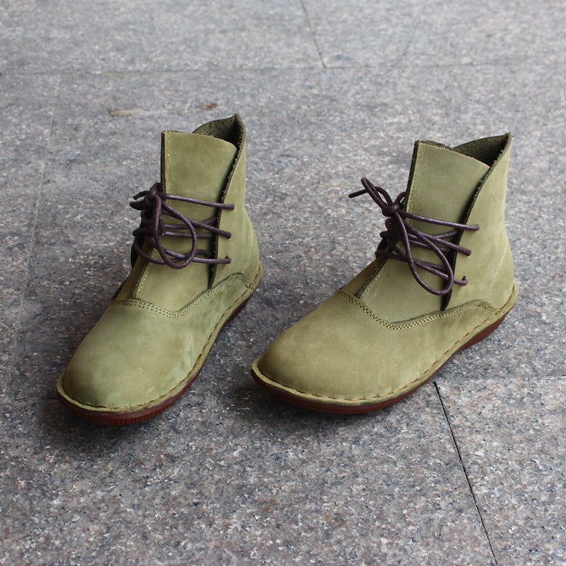 Womens Handmade Green Shoes Ankle Boots Flat Retro Leather Shoes