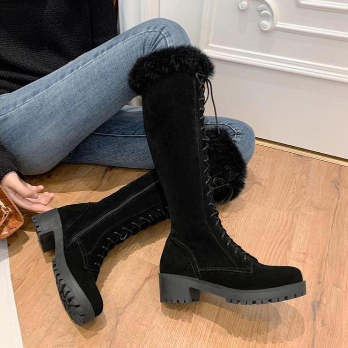 Women Knee High Faux Fur Winter Lace Up Boots
