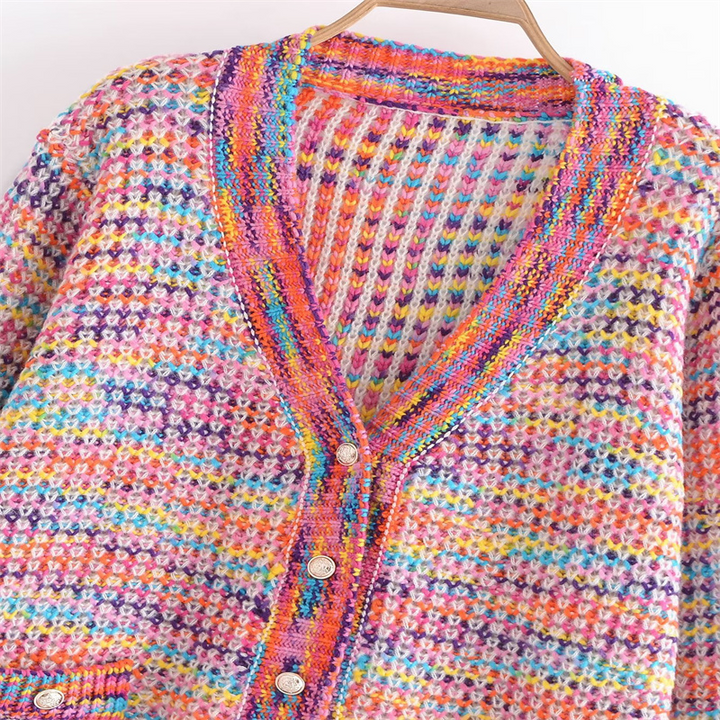 Rainbow Color Knitted Sweater Fringe Cardigan