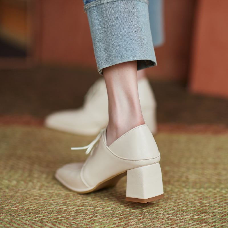 Square-toe Chunky Heel Lace-up Mid-heel Loafers Shoes for Women