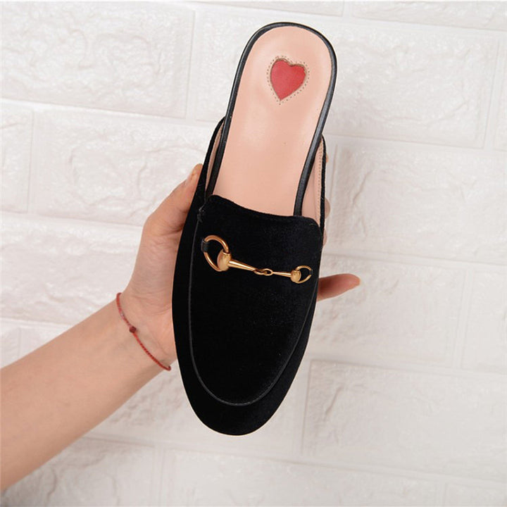 Womens Velvet Heart Oxford Slide Slip On Flat Mules