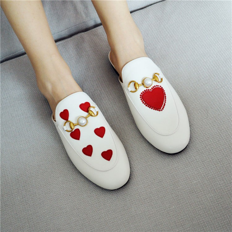 Womens Red Heart Buckle Shoes Leather Mules