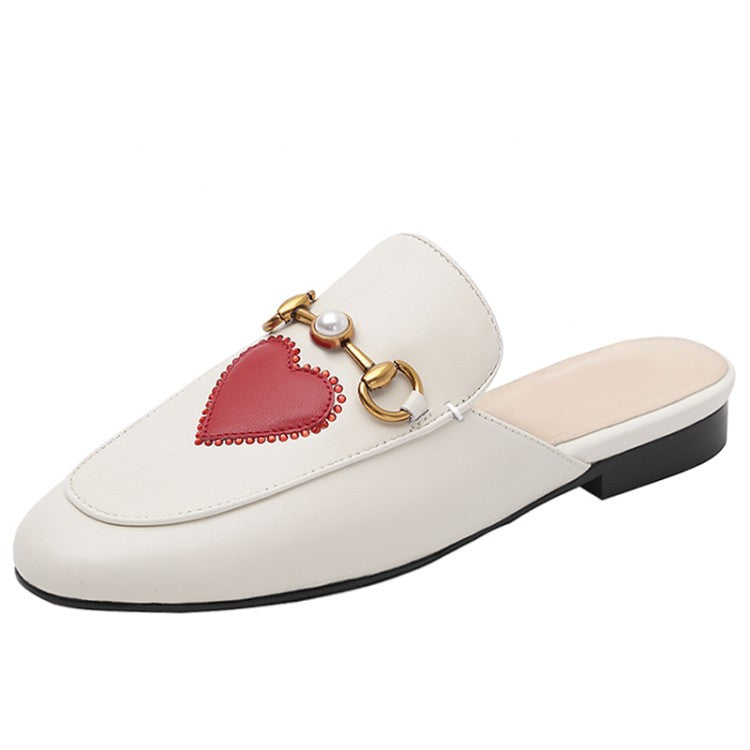 Womens Red Heart Buckle Shoes Leather Mules