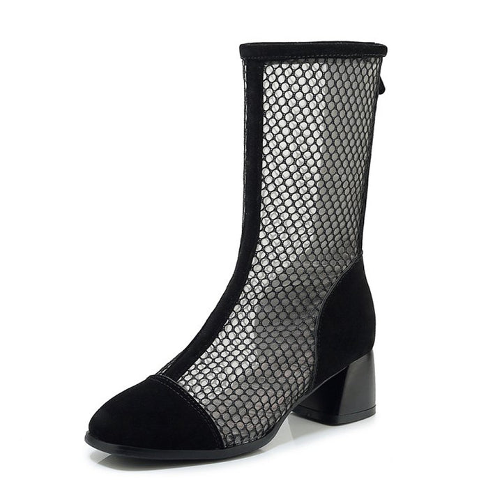 Mesh Zipper Fish Mouth Low-heeled Boots