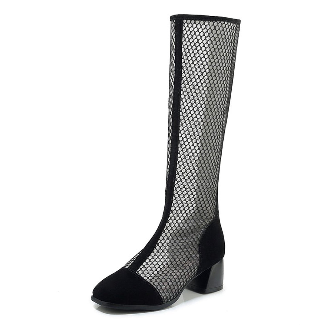 Mesh Zipper Fish Mouth Low-heeled Boots