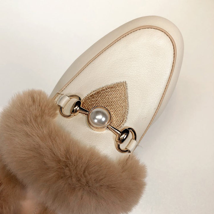 Women Embroidered Fur Pearl Buckle Slippers Mules Flat