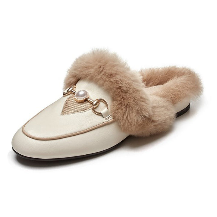 Women Embroidered Fur Pearl Buckle Slippers Mules Flat