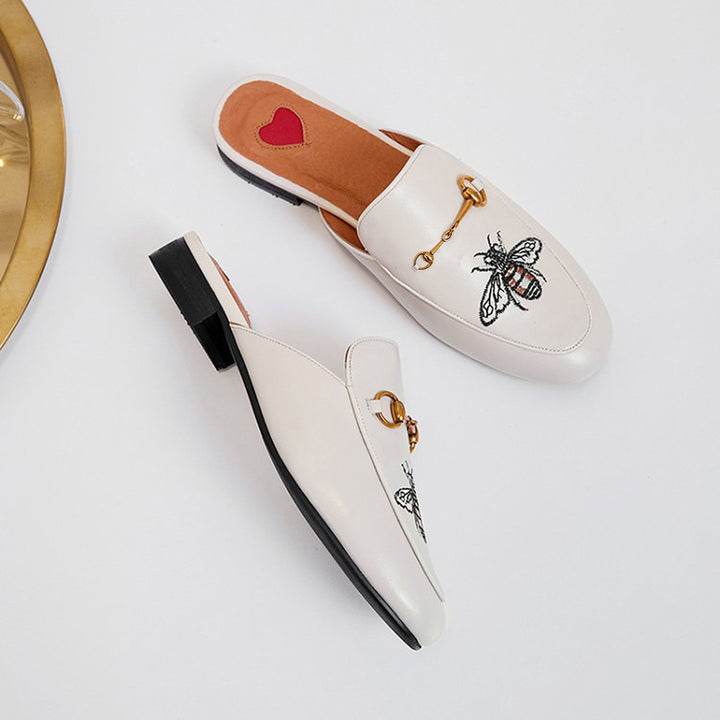 Women Embroidery Bee Buckle Mules Flat