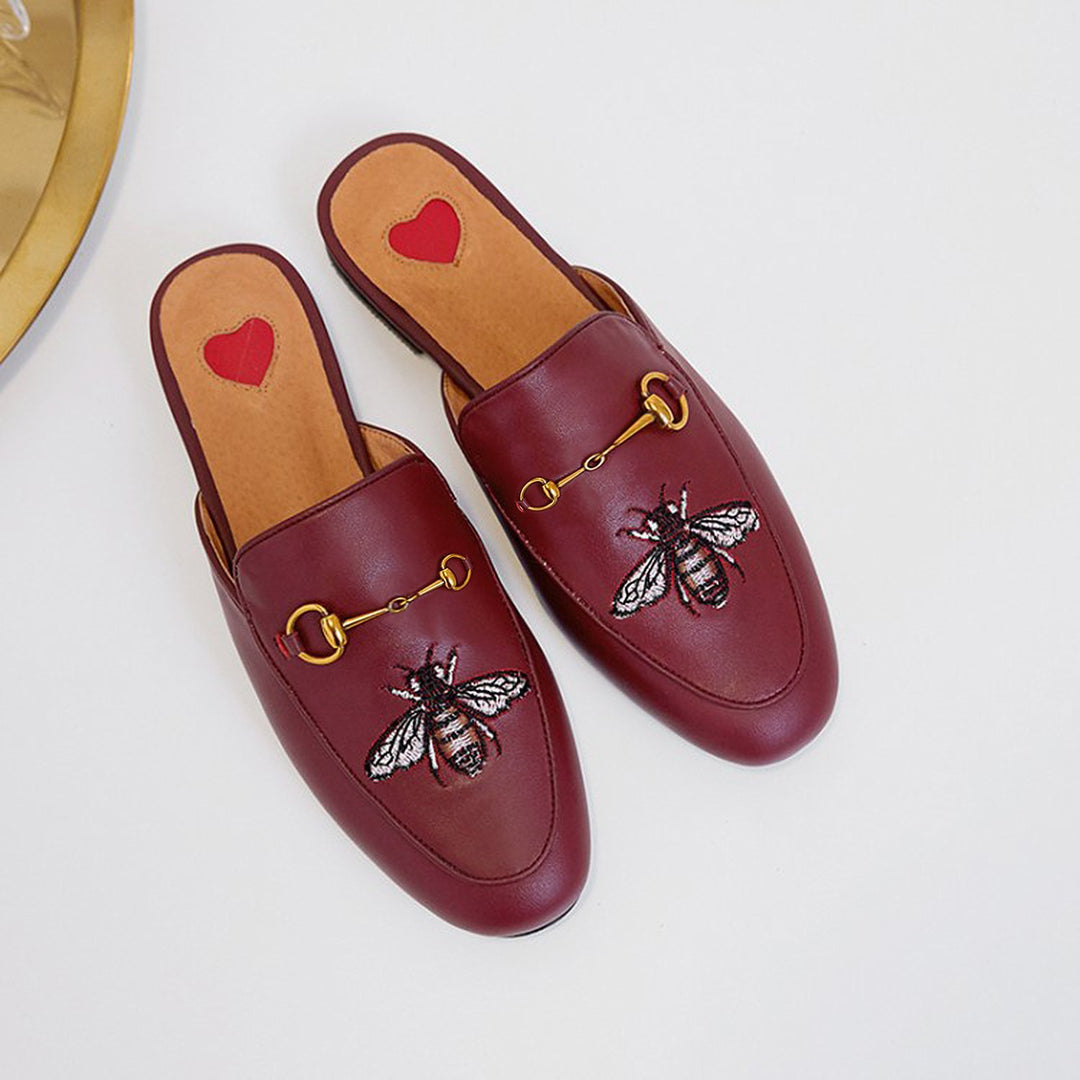 Women Embroidery Bee Buckle Mules Flat
