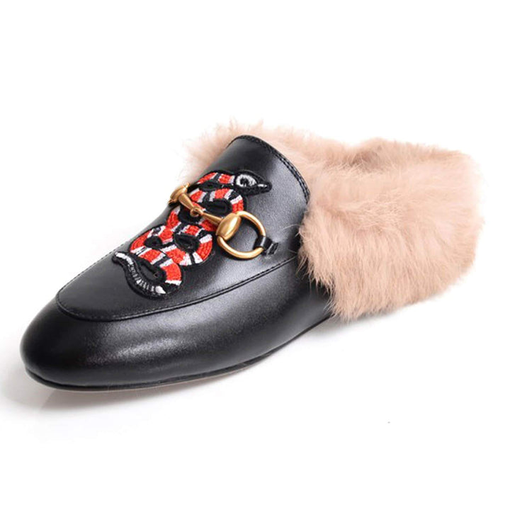 Women Casual Buckle Fur Embroidery Mules Slippers Shoes