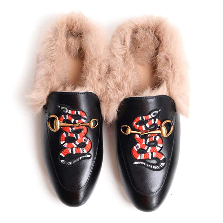 Women Casual Buckle Fur Embroidery Mules Slippers Shoes