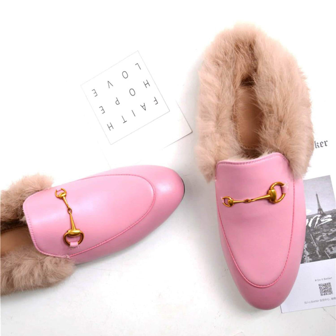 Women Handmade Leather Fur Flat Slippers Mules