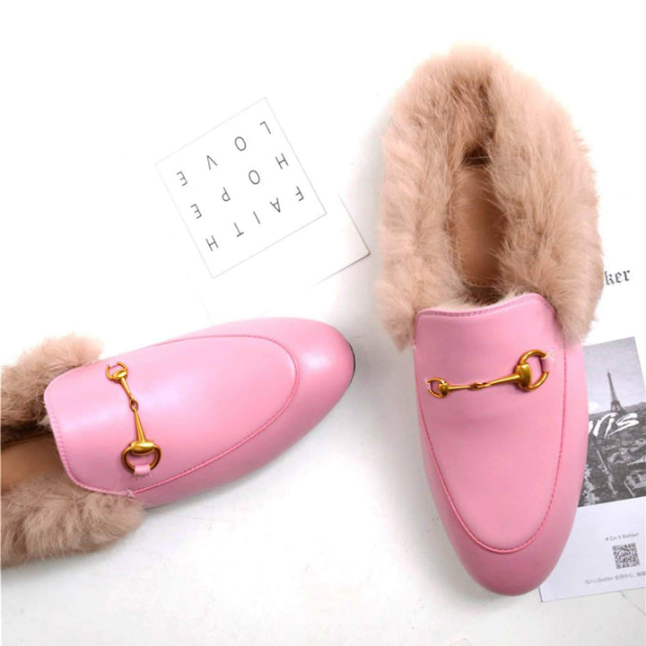 Women Handmade Leather Fur Flat Slippers Mules