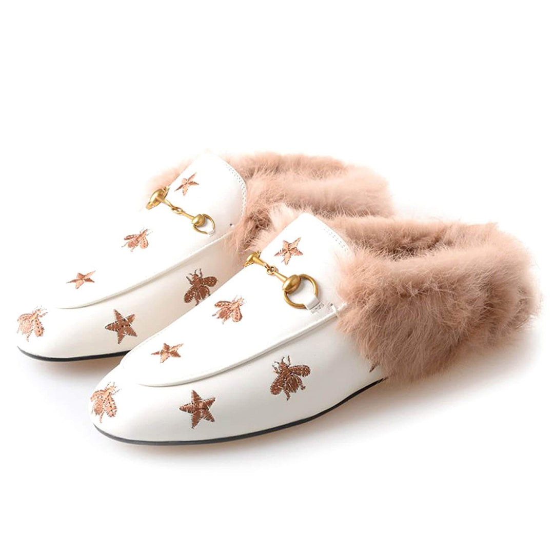 Bee Star Embroidered Furry Fur Slip on Mules