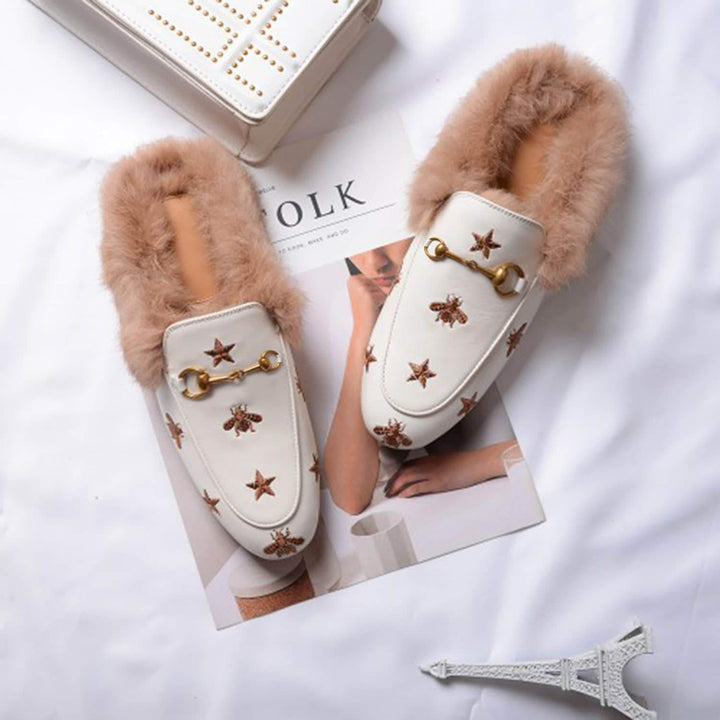 Bee Star Embroidered Furry Fur Slip on Mules