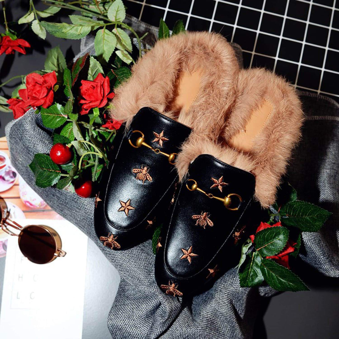 Bee Star Embroidered Furry Fur Slip on Mules