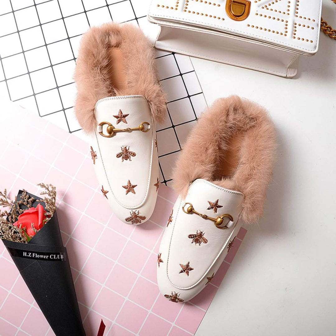 Bee Star Embroidered Furry Fur Slip on Mules
