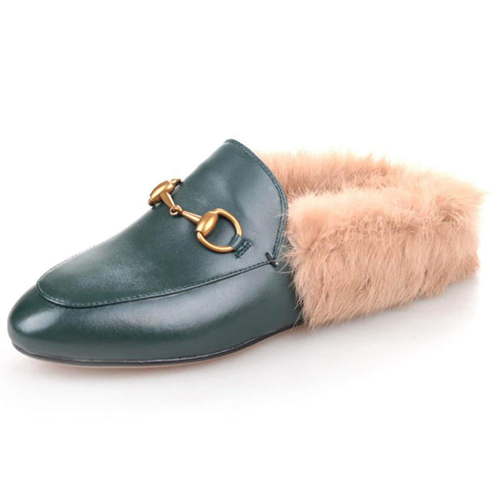 Women Handmade Leather Fur Flat Slippers Mules