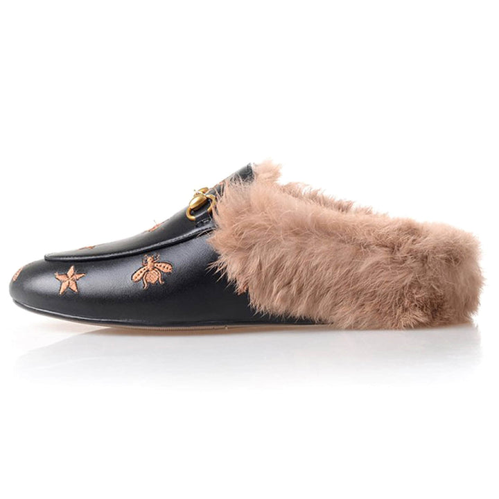 Bee Star Embroidered Furry Fur Slip on Mules
