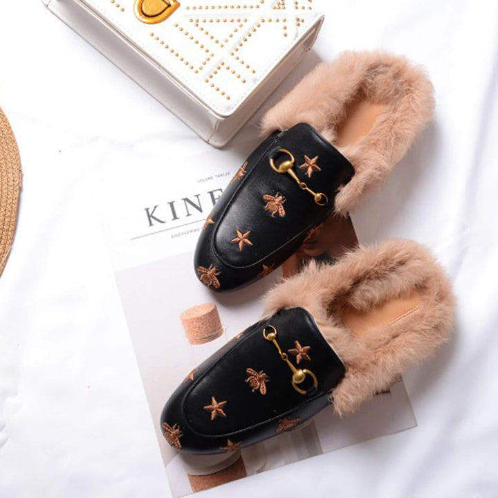 Bee Star Embroidered Furry Fur Slip on Mules