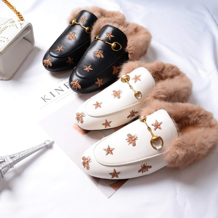 Bee Star Embroidered Furry Fur Slip on Mules